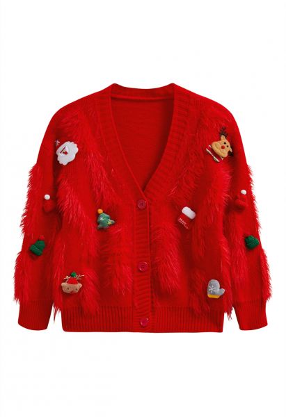 Christmas Elements Flauschiger Strick-Cardigan in Rot