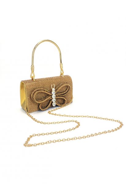 Aufwendige Handtasche mit Schmetterlings-Strasssteinen in Gold
