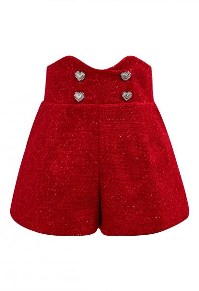 Tweed-Shorts mit Herzknopf und Paillettenverzierung in Rot