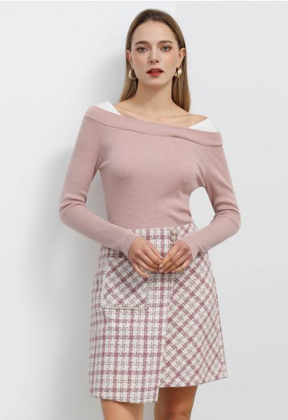 Karierter Tweed-Klappenrock mit aufgesetzten Taschen in Rosa