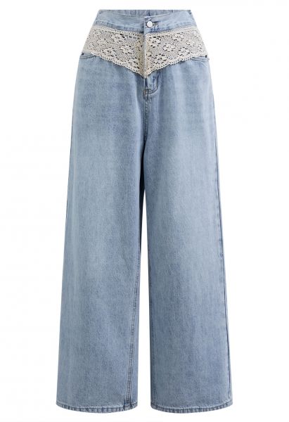 Cutwork-Jeans mit weitem Bein und Spitzenbesatz