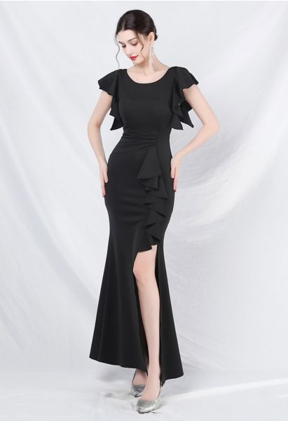 Glamorous – Schwarzes Meerjungfrauenkleid mit Schlitz und Rüschenbesatz