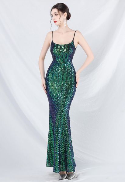 Märchenhaftes Pailletten-Meerjungfrauen-Camisole-Kleid in Grün
