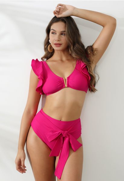V-förmiges Rüschen-Bikini-Set mit Metallbesatz in Pink