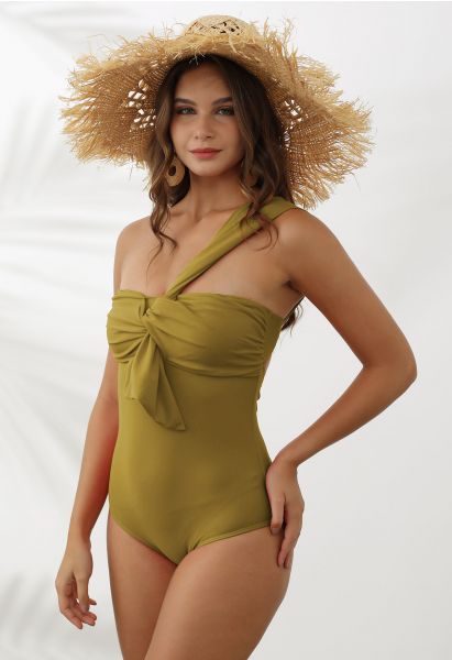 Einteiliger Badeanzug mit One-Shoulder-Träger und süßem Knoten in Moosgrün
