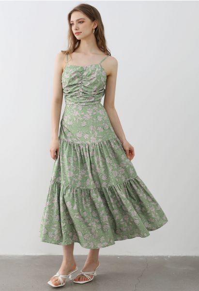 Camisole-Kleid mit Blumenmuster und Schleife auf der Rückseite in Grün