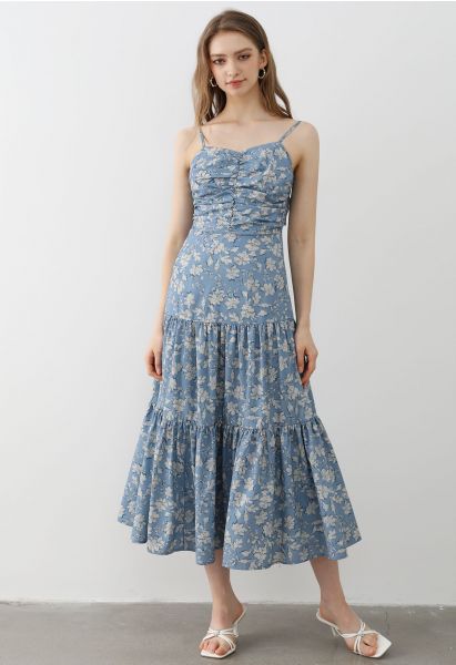 Camisole-Kleid mit Blumenmuster und Schleife auf der Rückseite in Blau