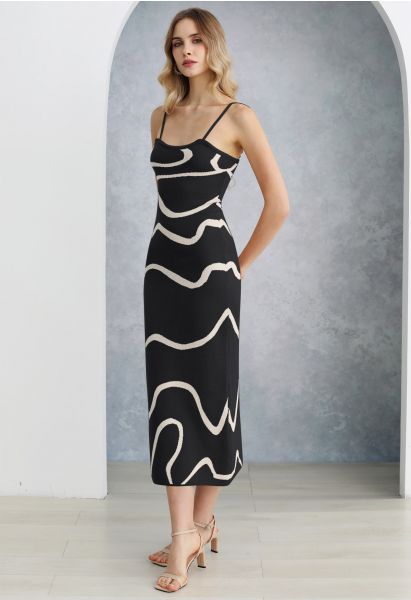 Camisole-Kleid aus Strick mit Wellenmuster in Schwarz
