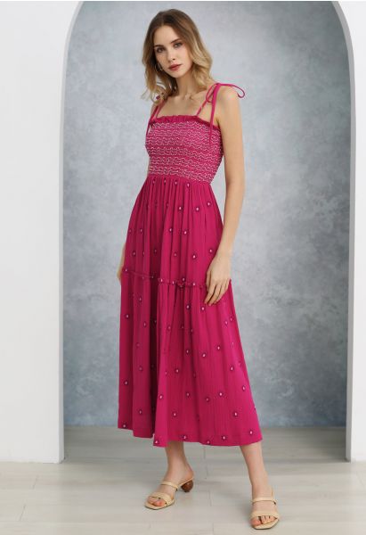 Gerafftes Kleid mit Floret-Stickerei und Bindeband an den Schultern in Pink