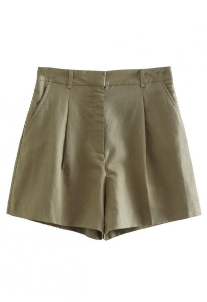 Shorts aus Leinenmischung mit Falten und Seitentaschen in Moosgrün