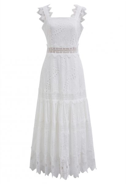 Camisole-Kleid mit Ösenstickerei und Spitzenbesatz in Weiß