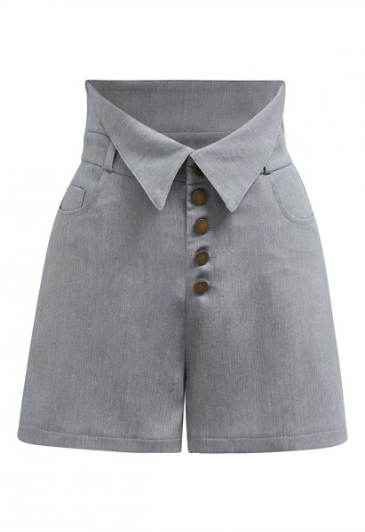 Nostalgische Shorts mit umgeschlagener Taille und Knopfleiste in Grau