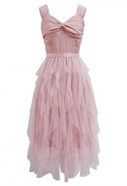 Camisole-Kleid aus Netztüll mit verdrehtem Detail in Rosa