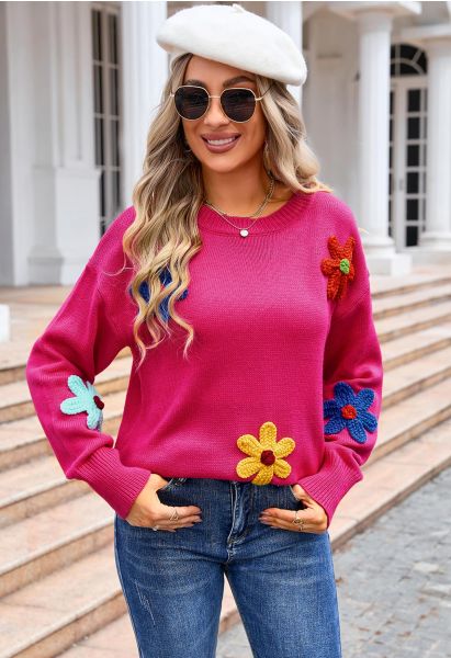 Colorful 3D Stitch Flower Knit Sweater in Hot Pink