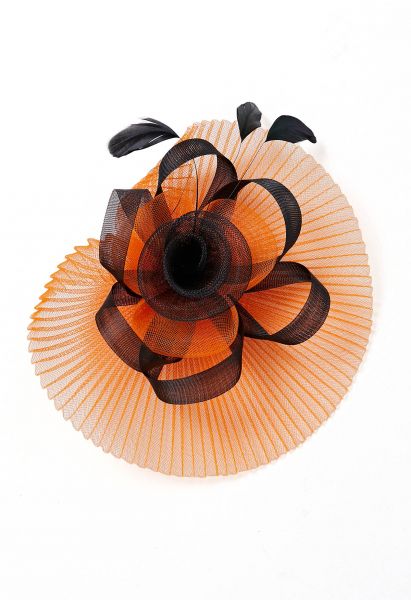 Plissiertes Netz-Blumen-Stirnband mit Haarspange in Orange