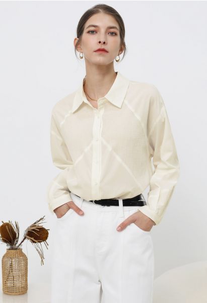 Baumwoll-Button-Down-Hemd mit geometrischem Einsatz in Creme