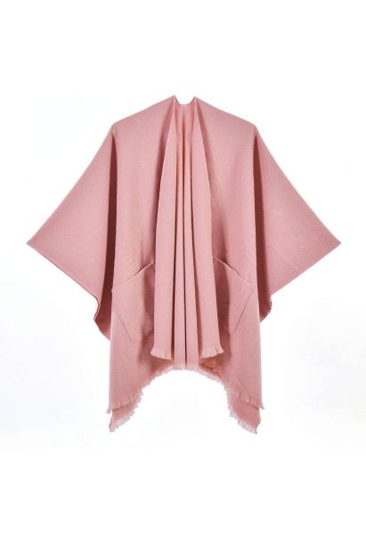 Whisper Soft – Poncho mit Taschen und Fransensaum in Rosa