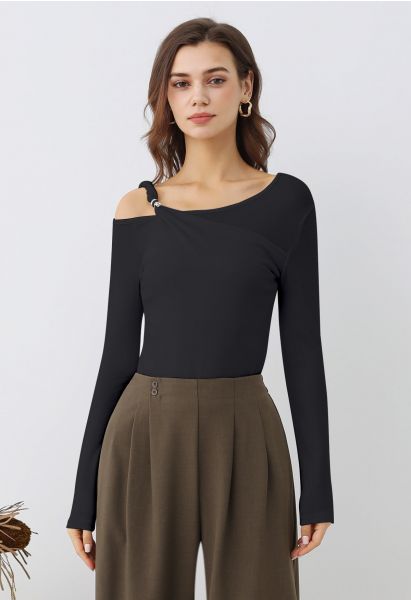 Asymmetrisches One-Shoulder Fake-Zweiteiler-Crop-Top mit Knoten in Schwarz