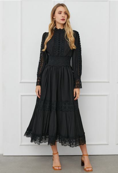 Viktorianisches, elegantes Maxikleid mit Cutwork-Spitze in Schwarz