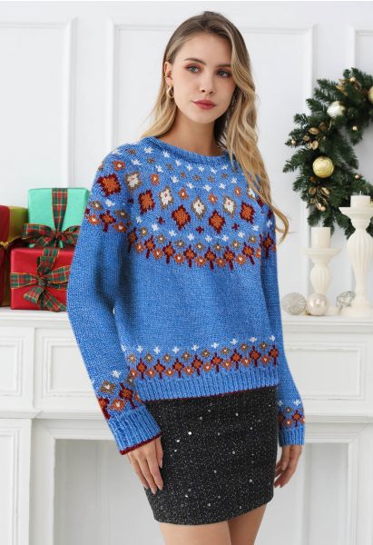 Snowflake Wonderland Fair Isle Strickpullover in Blau