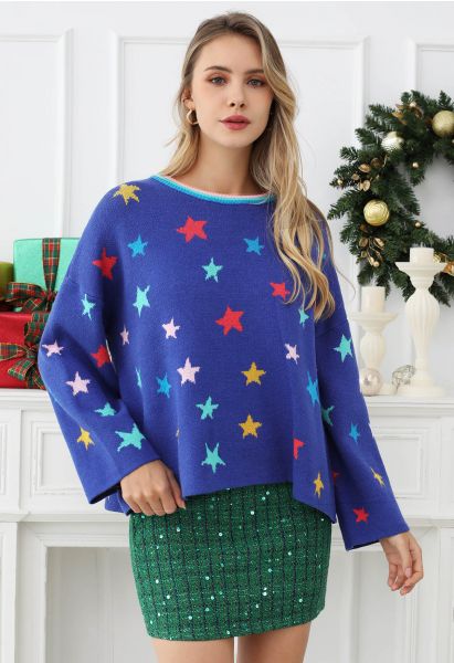 Cosmic Charm – Strickpullover mit Stern-Glockenärmeln in Königsblau