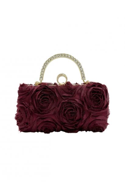 Opulent Rose Clutch mit Strass-Griff in Burgunderrot