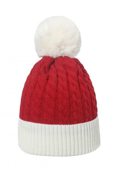 Flauschige Beanie-Mütze aus geflochtenem Pom-Pom-Strick in Rot