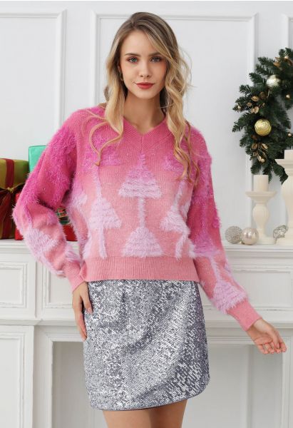 Flauschiger Strickpullover mit V-Ausschnitt und Weihnachtsbaum-Ombré-Muster