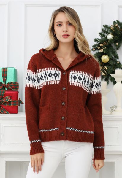 Kontrastierender Fair-Isle-Strickcardigan mit Knopfleiste und Kapuze in Rot