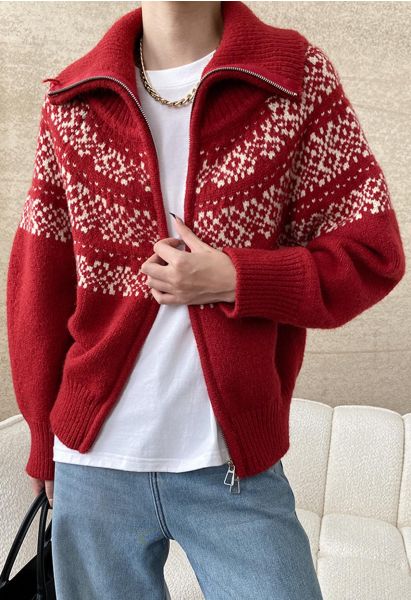 Roter Fair-Isle-Jacquard-Strickcardigan mit Doppelreißverschluss