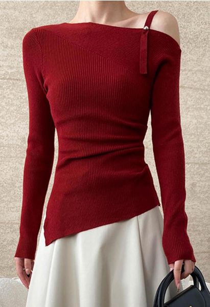 One-Shoulder-Stricktop mit gerüschtem asymmetrischem Saum in Rot