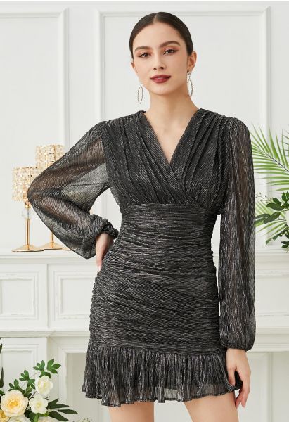 Elegantes funkelndes, gerüschtes Mesh-Cocktailkleid in Schwarz