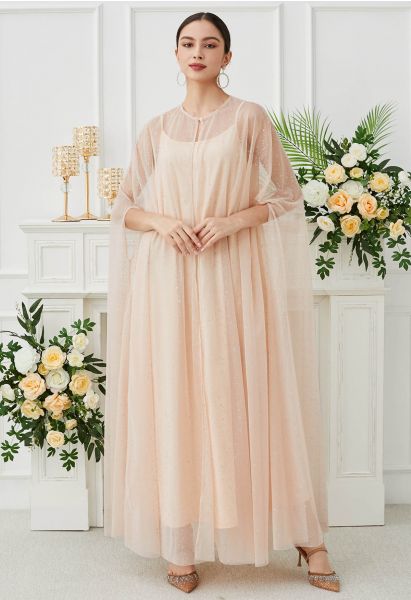 Glitzerndes Mesh-Maxi-Cape-Kleid in Apricot