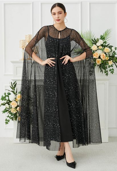 Glitzerndes Maxi-Cape-Kleid aus Netzstoff in Schwarz