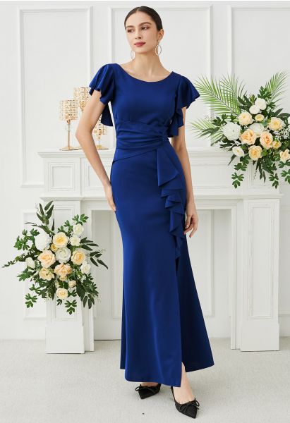 Elegantes Kleid mit kaskadenförmiger Rüsche und Schlitz vorn in Marine