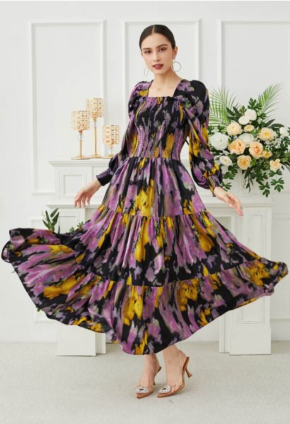 Gerafftes Maxikleid mit Blumenmuster und Puffärmeln