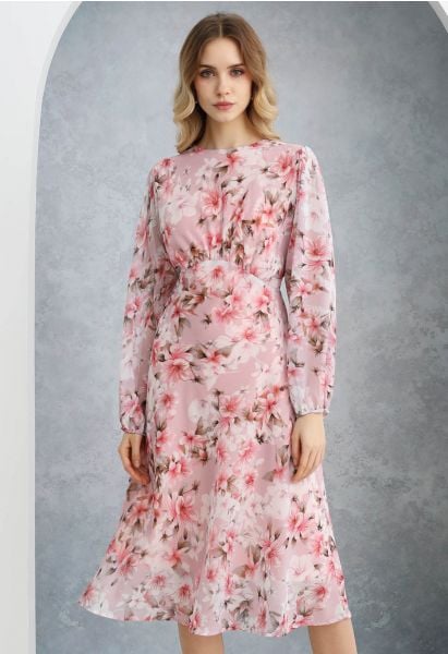 Chiffon-Midikleid mit Puffärmeln und Kirschblüten-Print