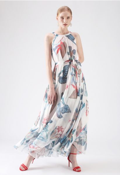 Acuarelas florales tropicales - Maxi Slip Dress en blanco