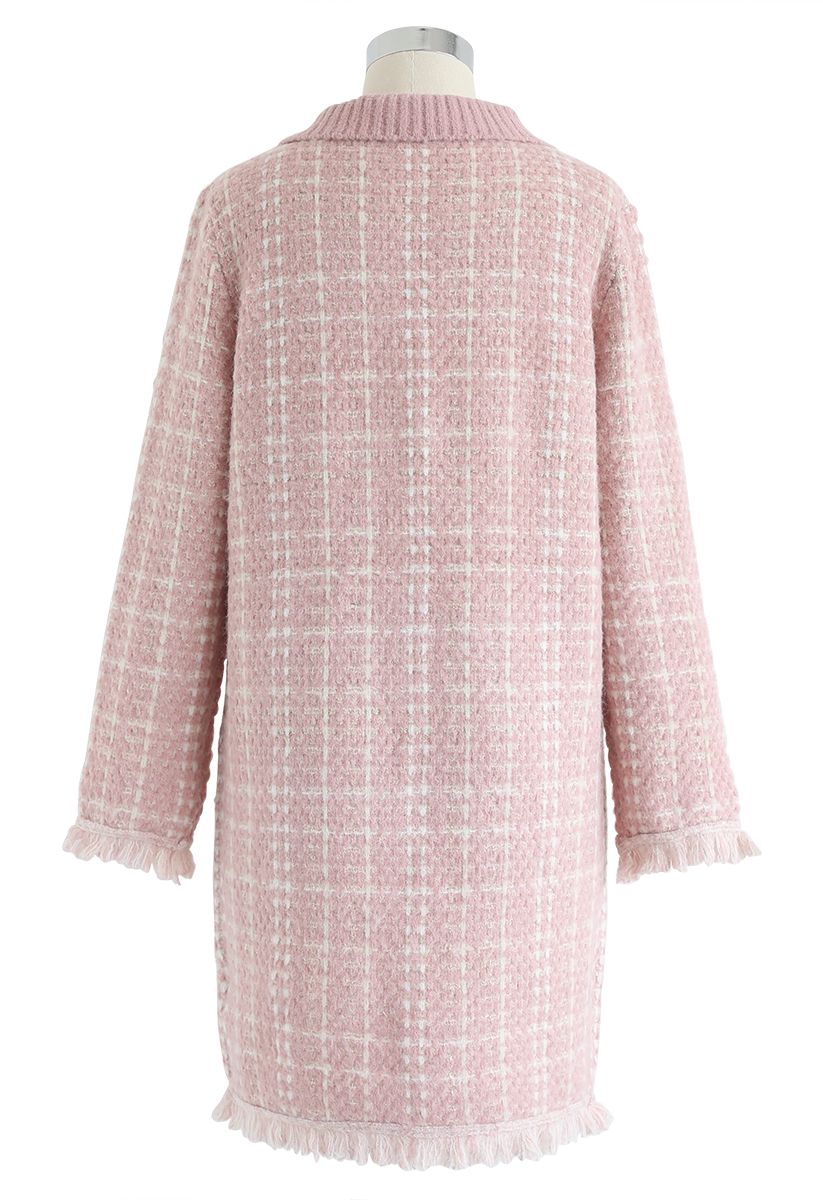 Pointed Neck Tasseled Knit Shift Dress in Pink