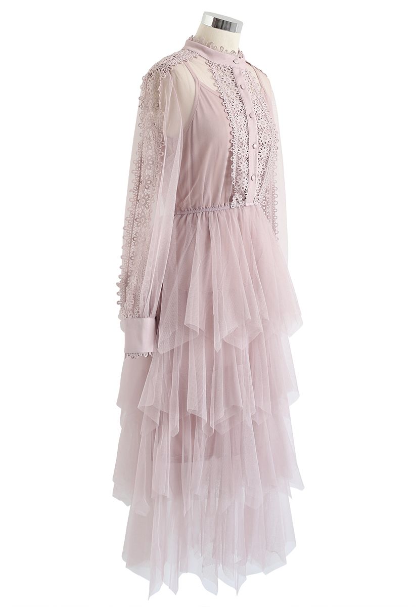 Lacy Sleeves Tiered Mesh Kleid in Pink