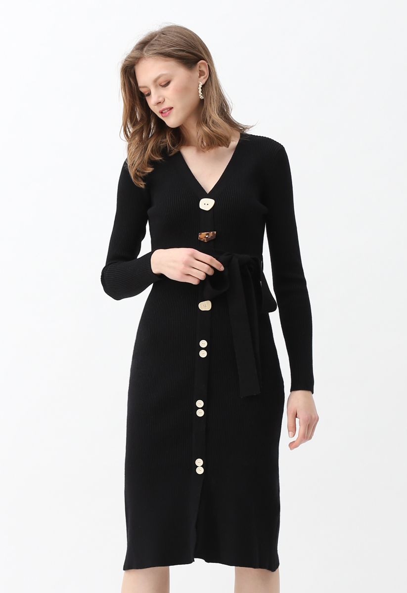 Irregular Buttoned Ribbed Knit Dress in Black
