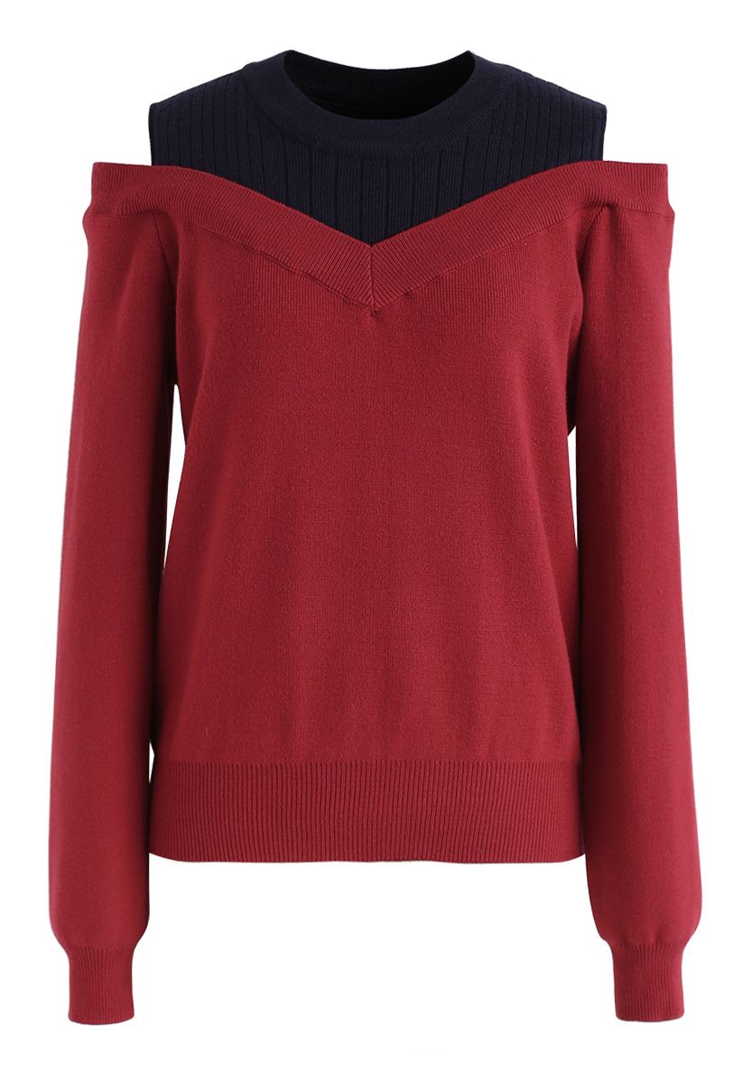 Bicolor Ribbed Knit Top in Rot