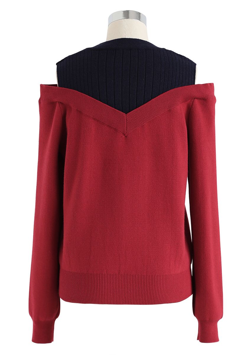 Bicolor Ribbed Knit Top in Rot