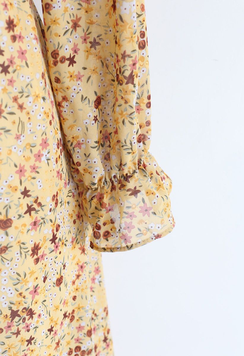 Floret V-Ausschnitt Rüschen Chiffon Kleid in Gelb