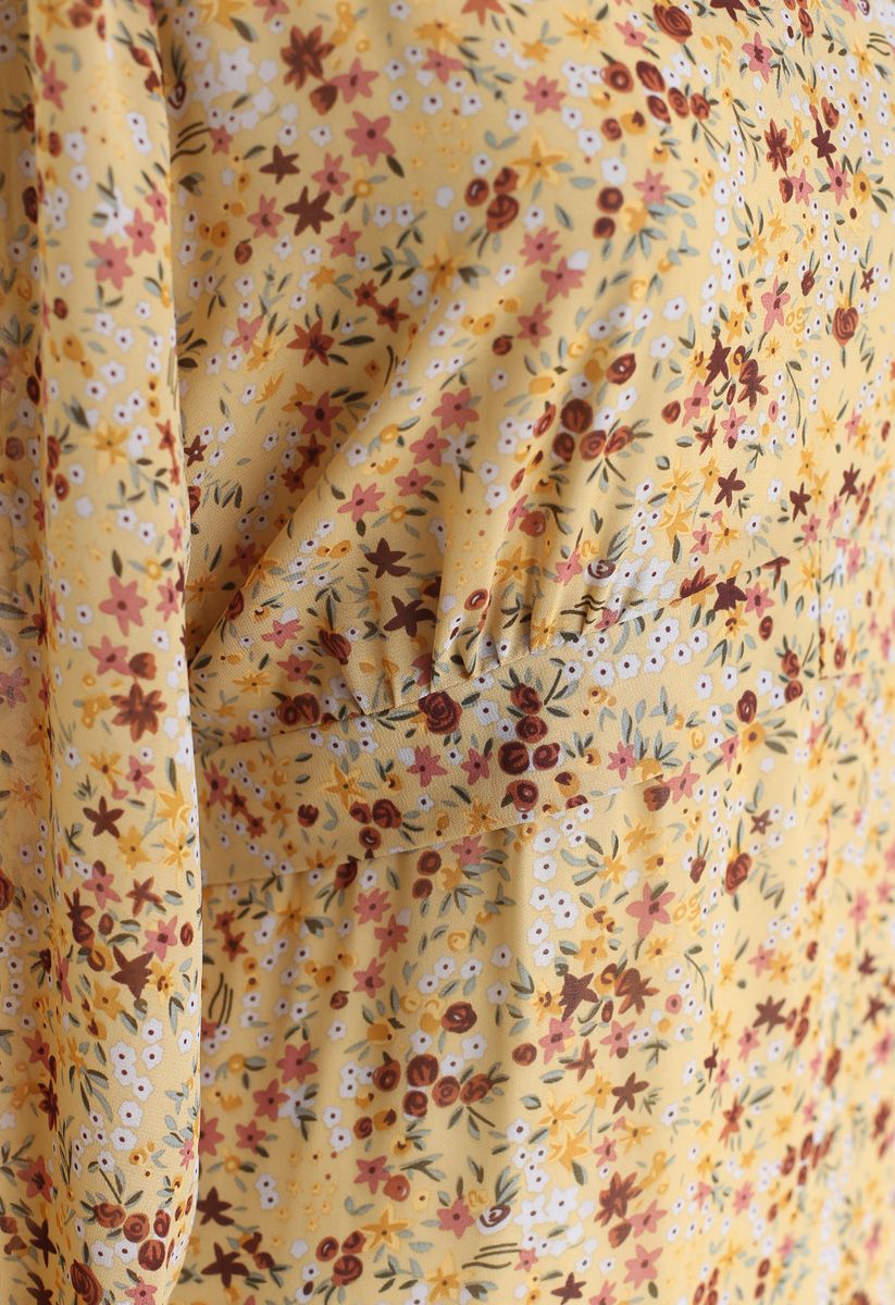 Floret V-Ausschnitt Rüschen Chiffon Kleid in Gelb