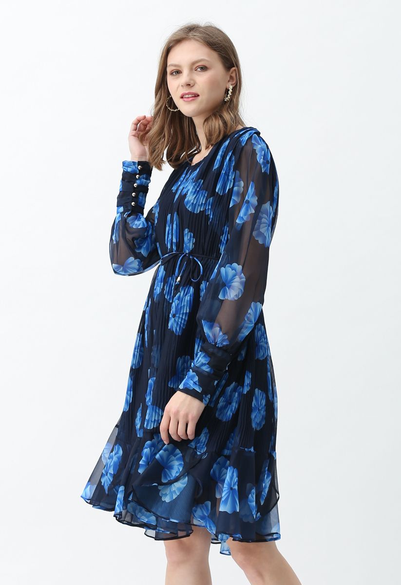 Floral Sheer Sleeves Plissee Chiffon Kleid in Blau