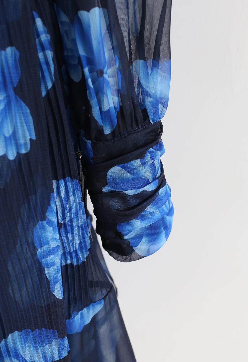 Floral Sheer Sleeves Plissee Chiffon Kleid in Blau