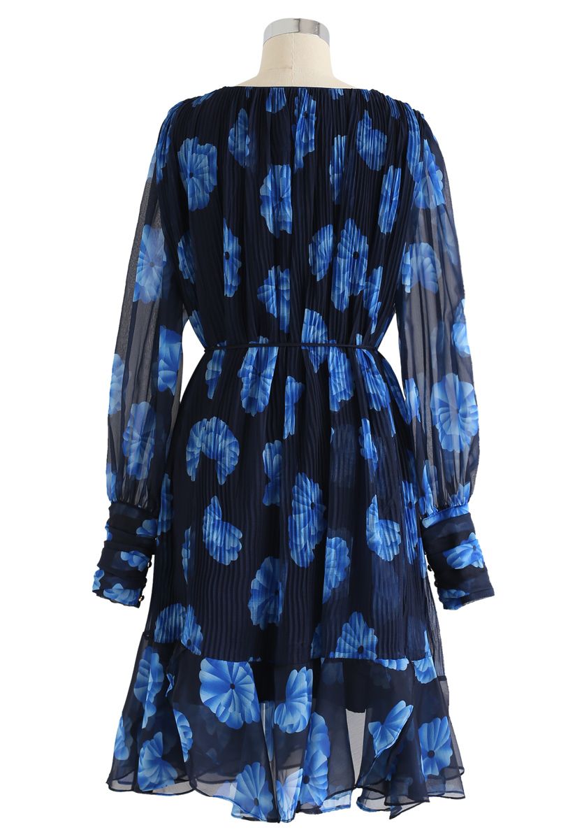 Floral Sheer Sleeves Plissee Chiffon Kleid In Blau Retro Indie And Unique Fashion