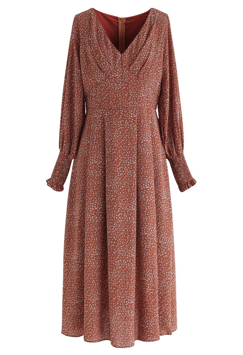 Floret Chiffon-Kleid mit V-Ausschnitt aus Karamell