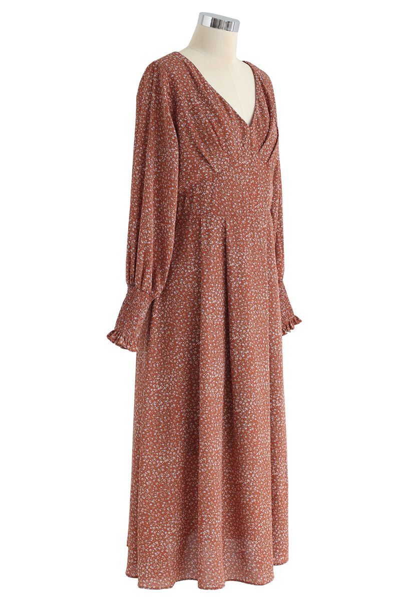 Floret Chiffon-Kleid mit V-Ausschnitt aus Karamell